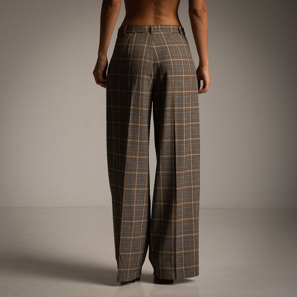 Smoky Taupe checked palazzo trousers with pleated high waist and wide legs - back view