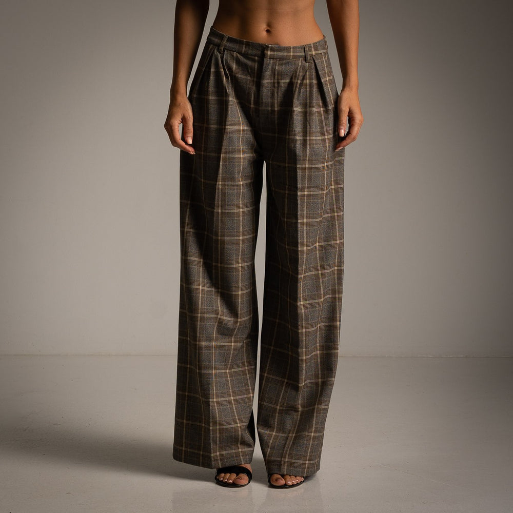 Smoky Taupe checked palazzo trousers with pleated high waist and wide legs - front view