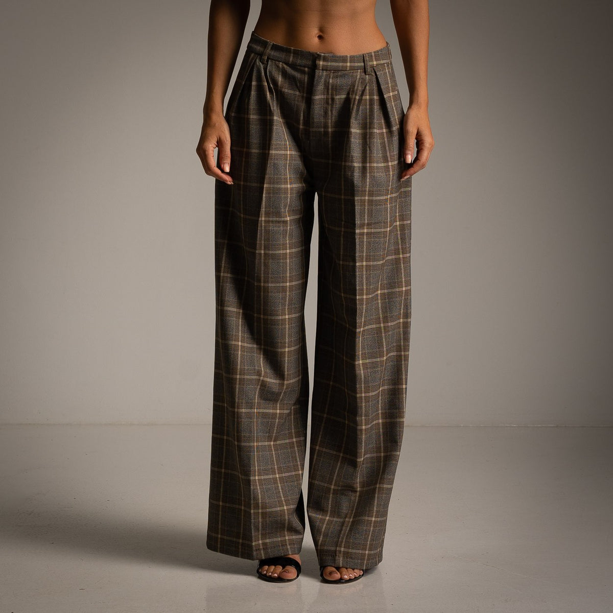 Smoky Taupe checked palazzo trousers with pleated high waist and wide legs - front view