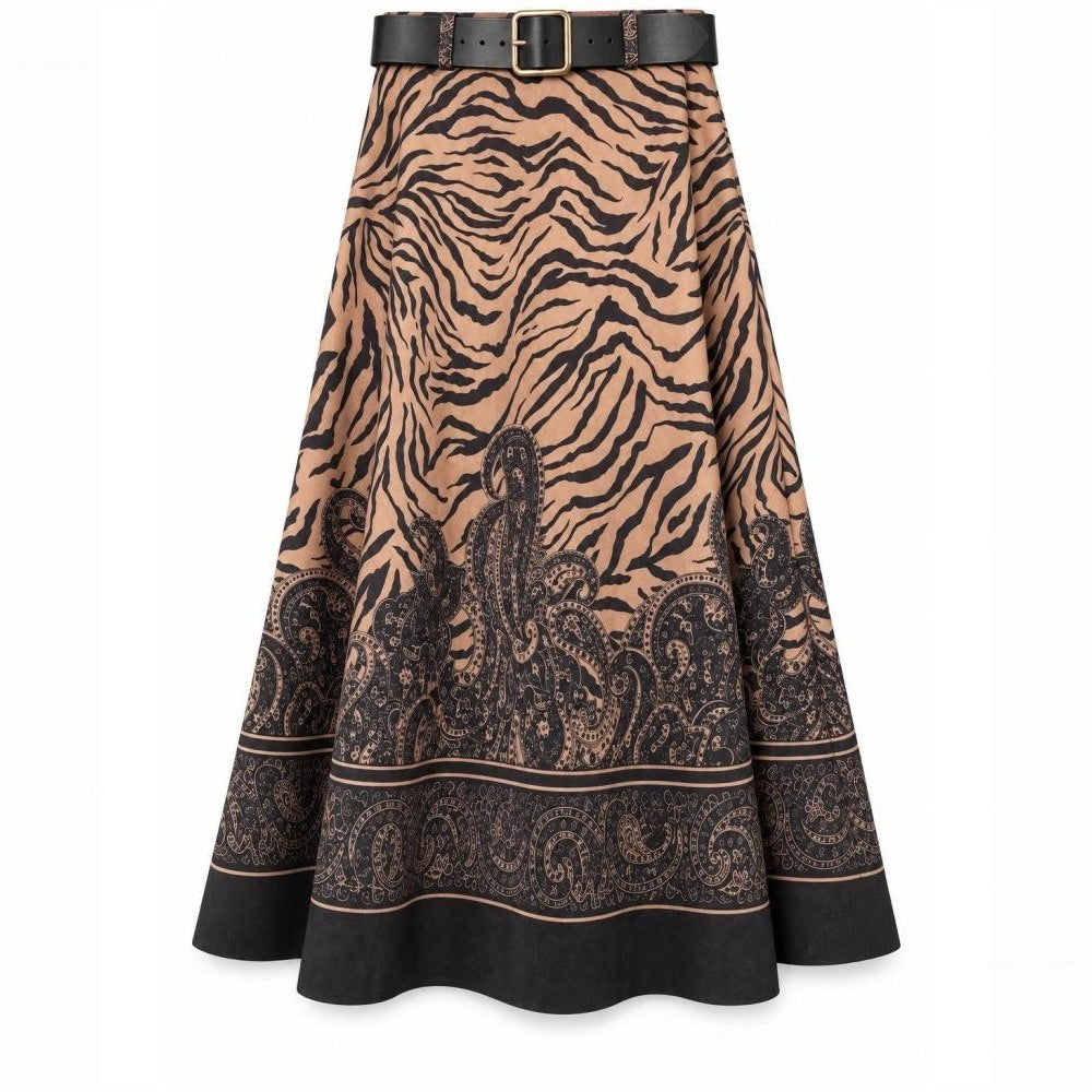 Warm Camel suede-look A-line midi skirt with zebra print, paisley border hem and black belt - front view