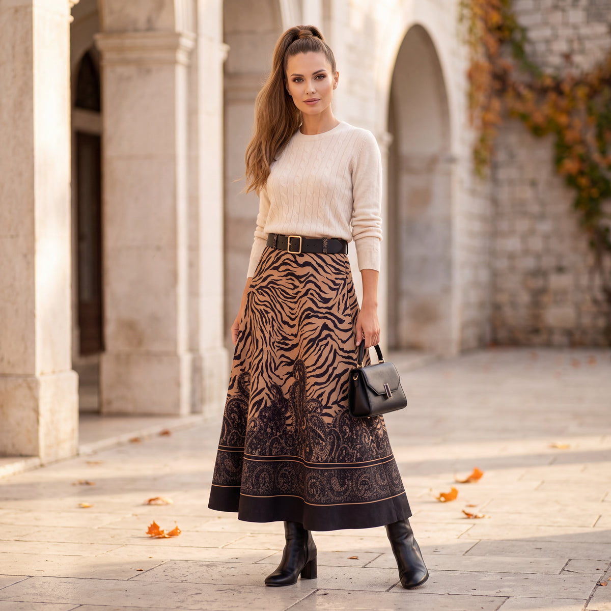 Warm Camel suede-look A-line midi skirt with zebra print, paisley border hem and black belt by MARIΓIOU