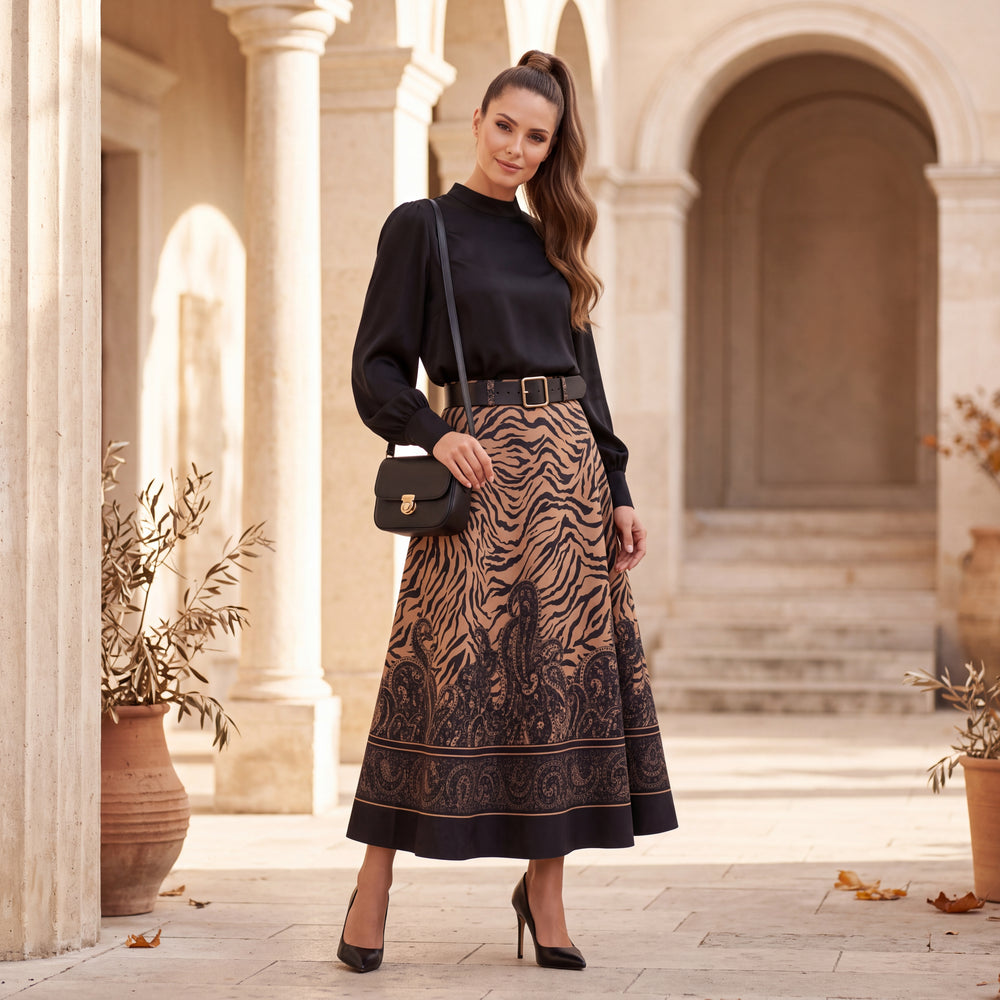 Warm Camel suede-look A-line midi skirt with zebra print, paisley border hem and black belt - styled look by MARIΓIOU