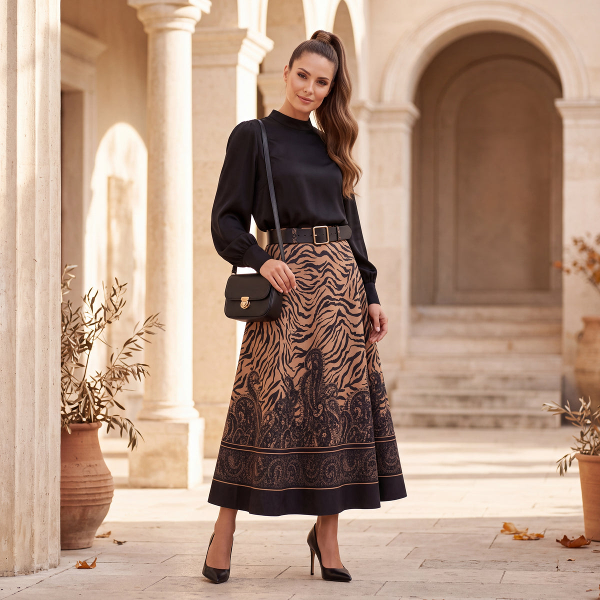 Warm Camel suede-look A-line midi skirt with zebra print, paisley border hem and black belt - styled look by MARIΓIOU