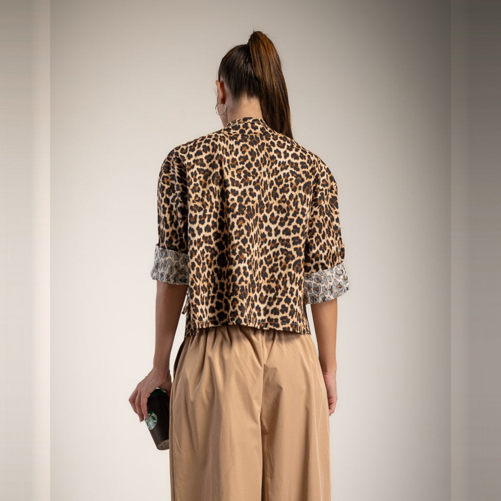 Beige leopard print cotton jacket with gold-tone military buttons - back view