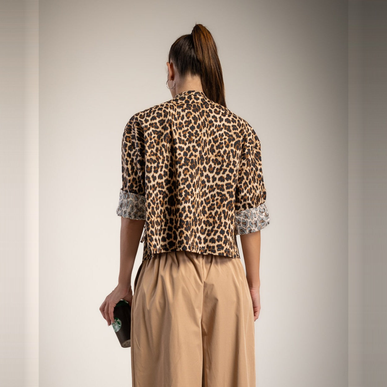 Beige leopard print cotton jacket with gold-tone military buttons - back view