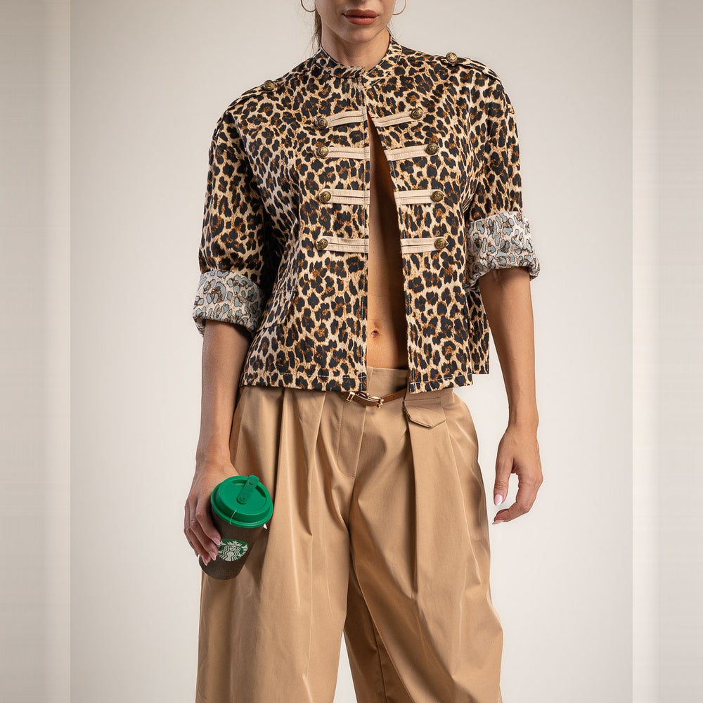 Beige leopard print cotton jacket with gold-tone military buttons - front view