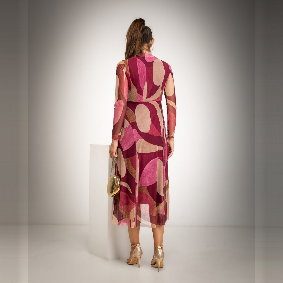 Deep Wine Red abstract print mesh midi dress with high neck and long sleeves - back view