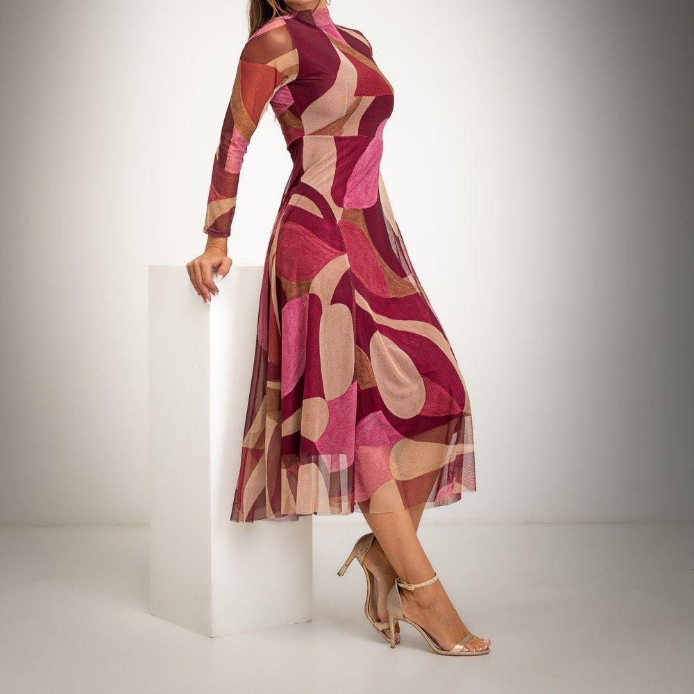 Deep Wine Red abstract print mesh midi dress with high neck and long sleeves - front view