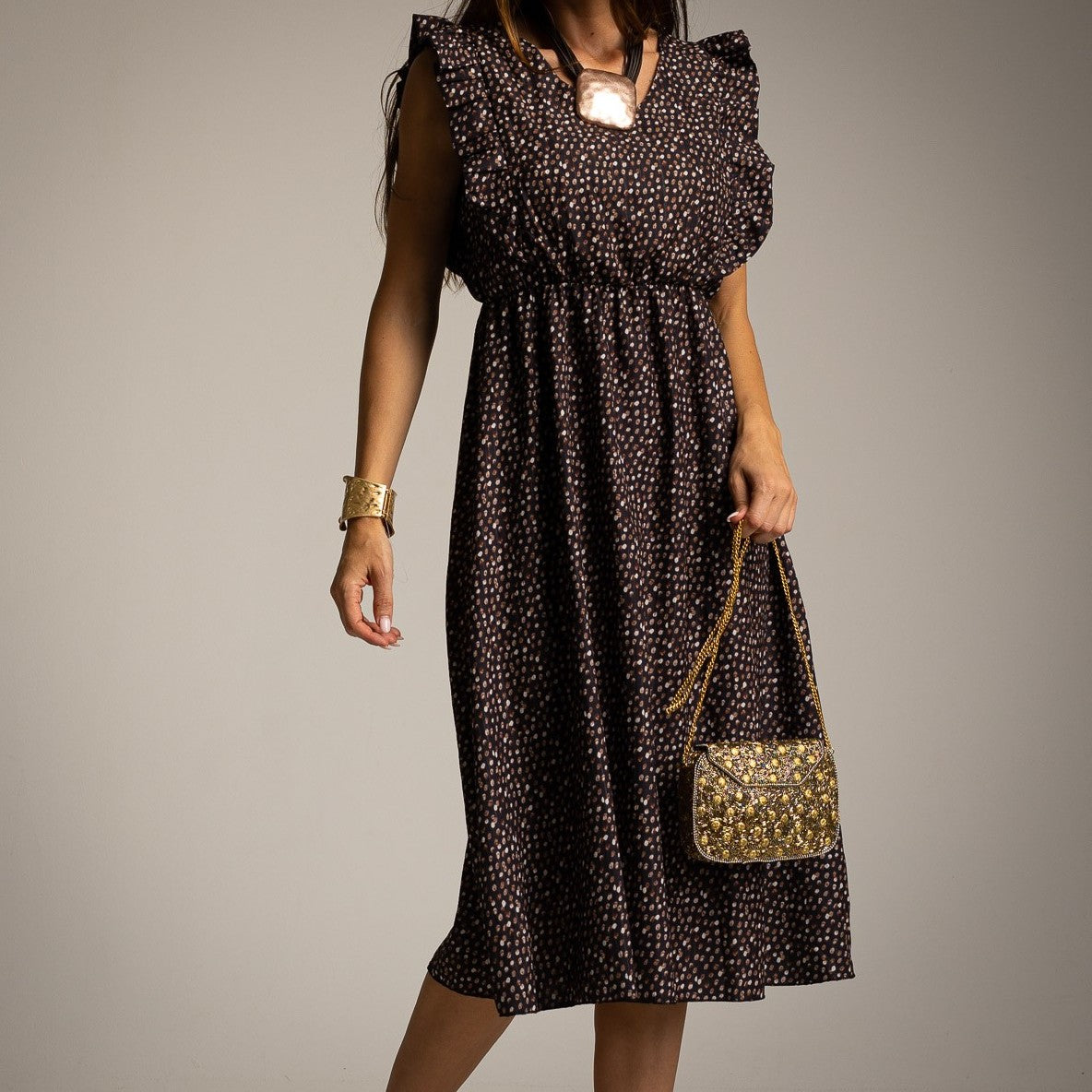 Livia ruffle midi dress in Classic Black with delicate printed pattern