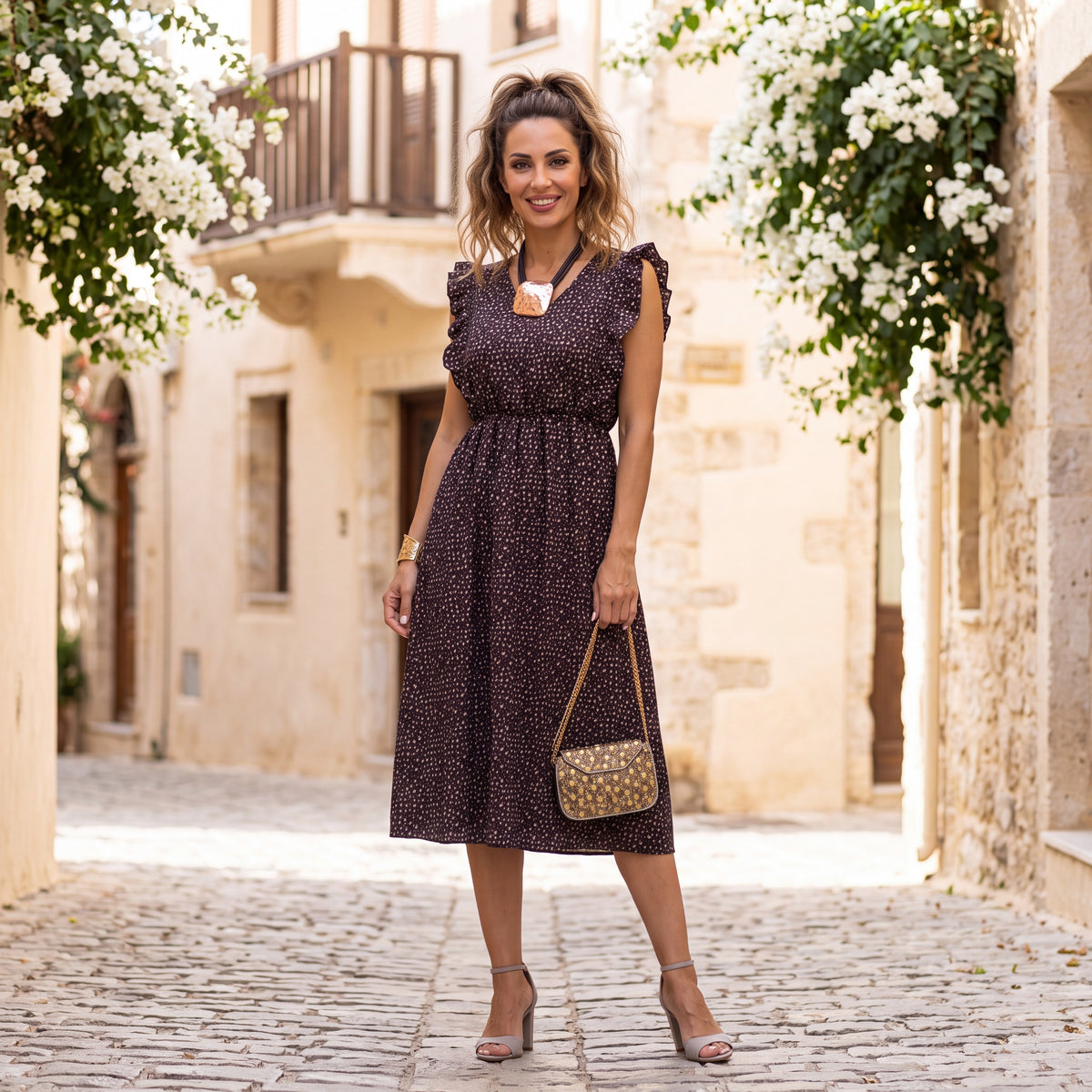 Woman wearing the Livia ruffle midi dress in Classic Black