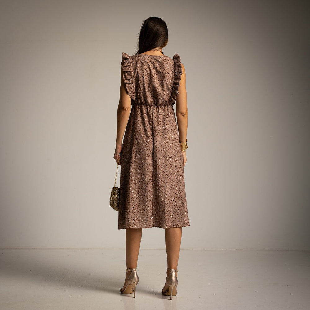 Back view of the Livia ruffle midi dress in Taupe