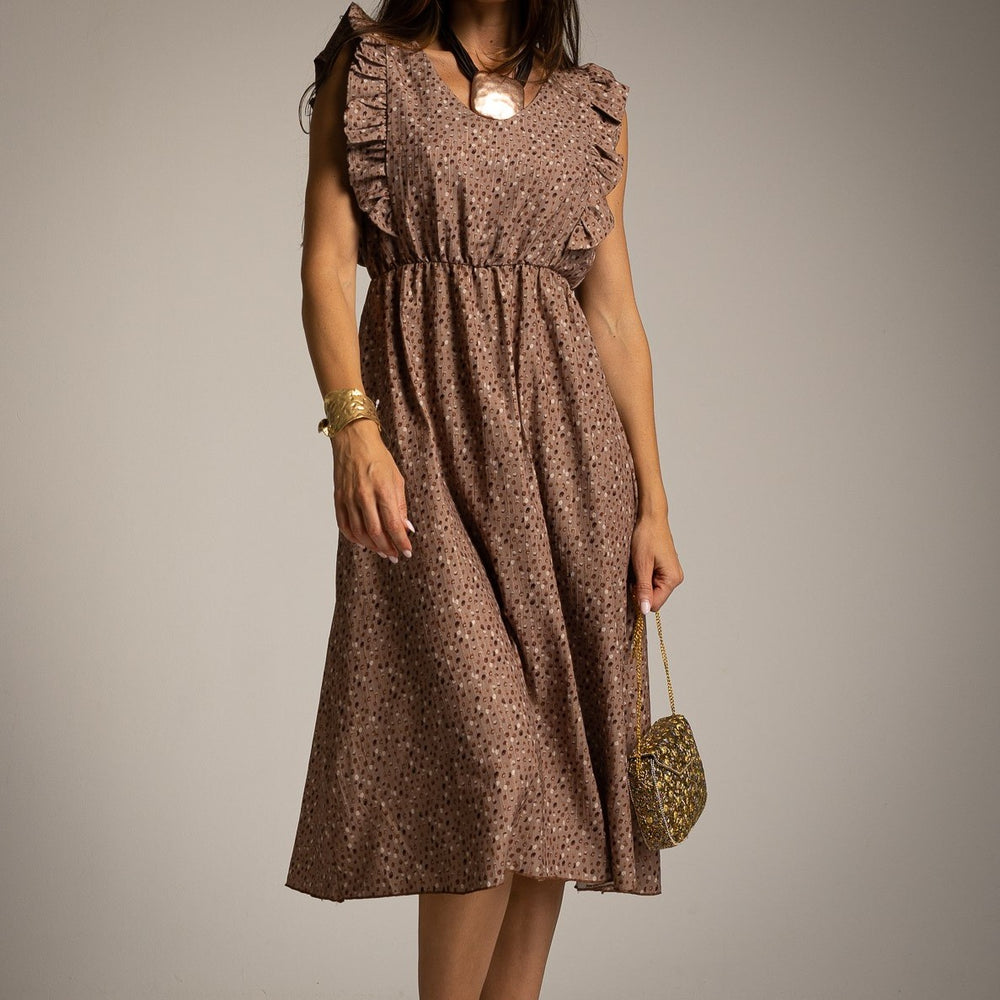 Livia ruffle midi dress in Taupe with delicate printed pattern