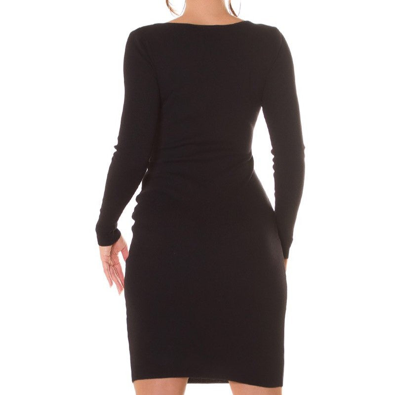Black studded knit bodycon dress with gold studs and rhinestones - back view