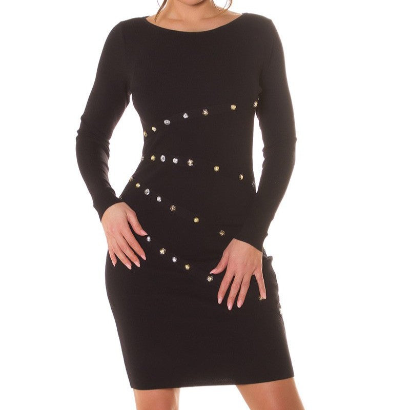 Black studded knit bodycon dress with gold studs and rhinestones - front view