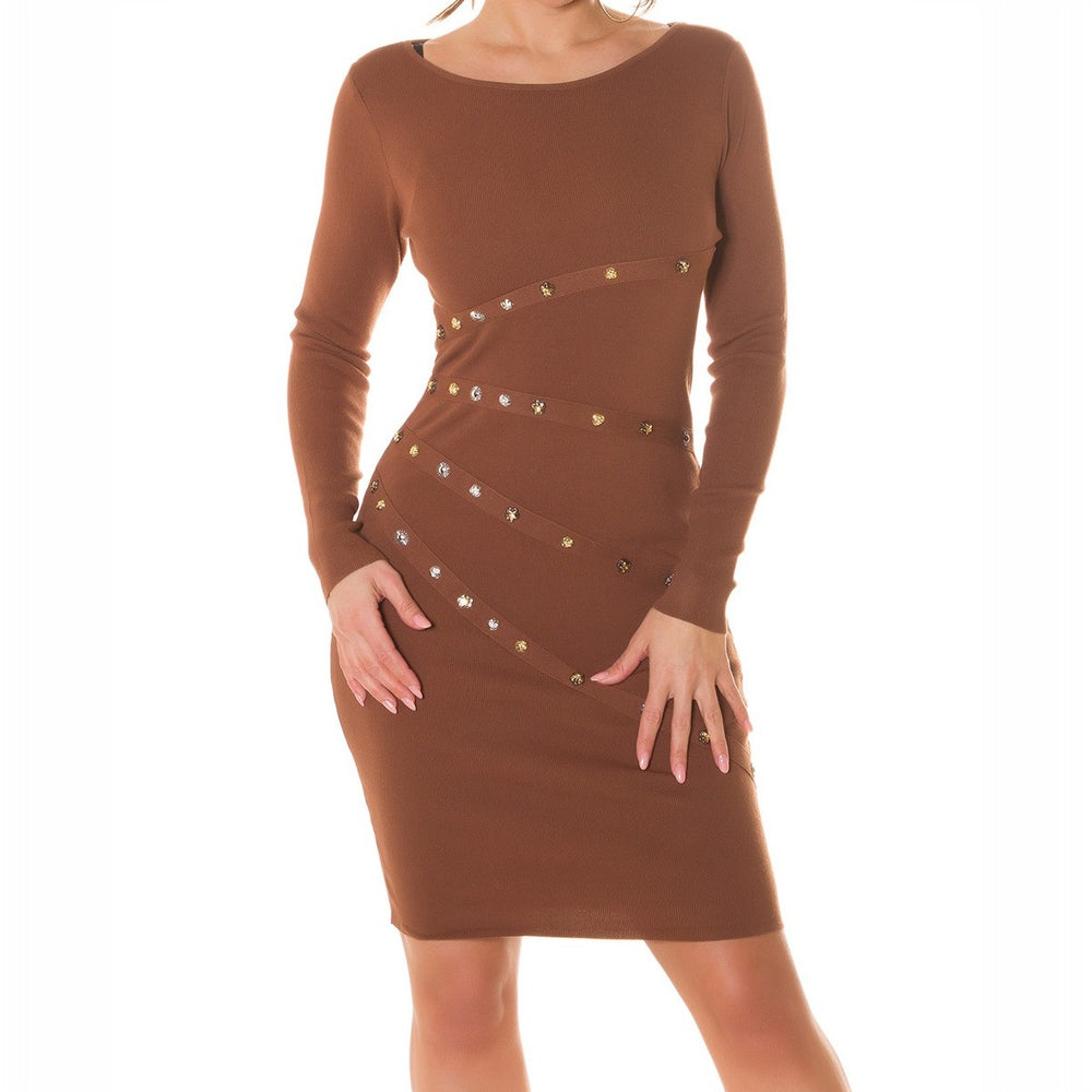 Cocoa Brown studded knit bodycon dress with gold studs and rhinestones - front view
