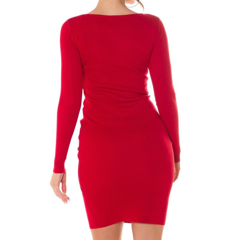 Scarlet Red studded knit bodycon dress with gold studs and rhinestones - back view