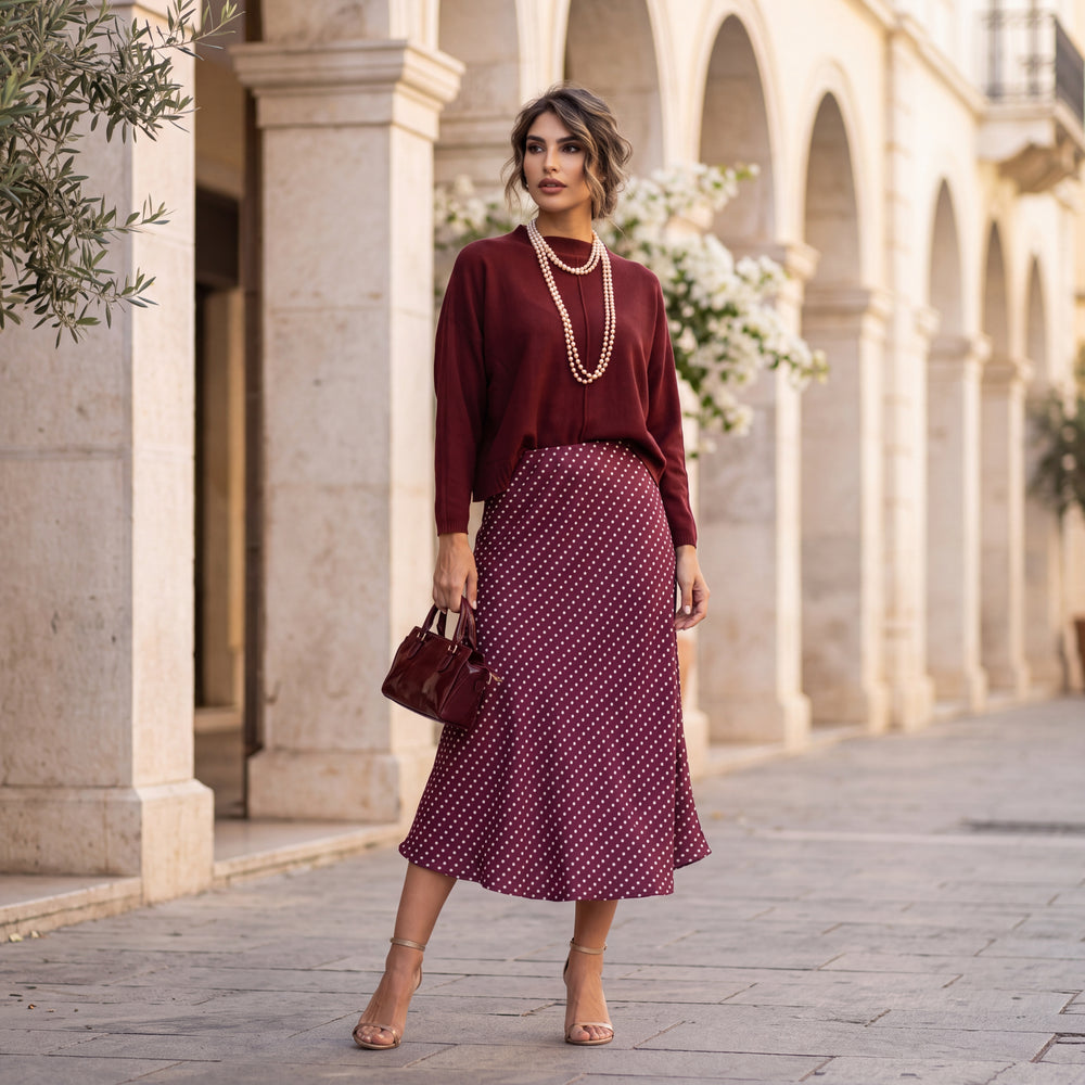 Deep Wine Red polka dot satin midi skirt with a softly flared cut by MARIΓIOU