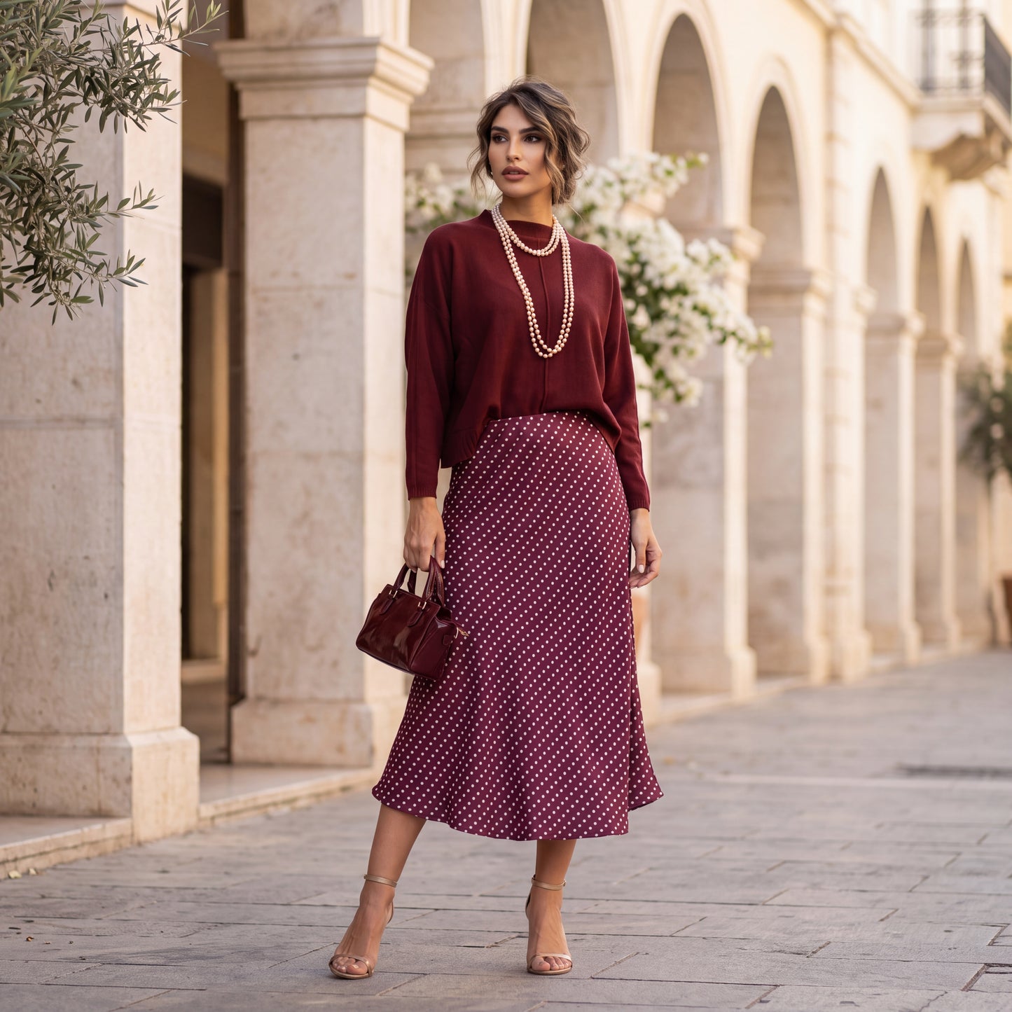 Deep Wine Red polka dot satin midi skirt with a softly flared cut by MARIΓIOU