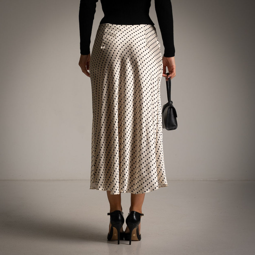 Ivory White polka dot satin midi skirt with a softly flared cut - back view