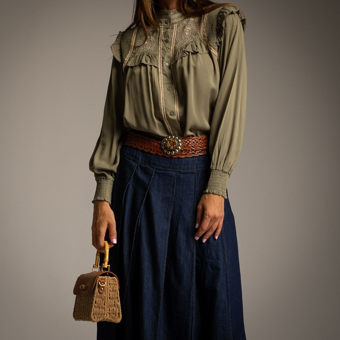 Olive Grove embroidered ruffle blouse with balloon sleeves - front view