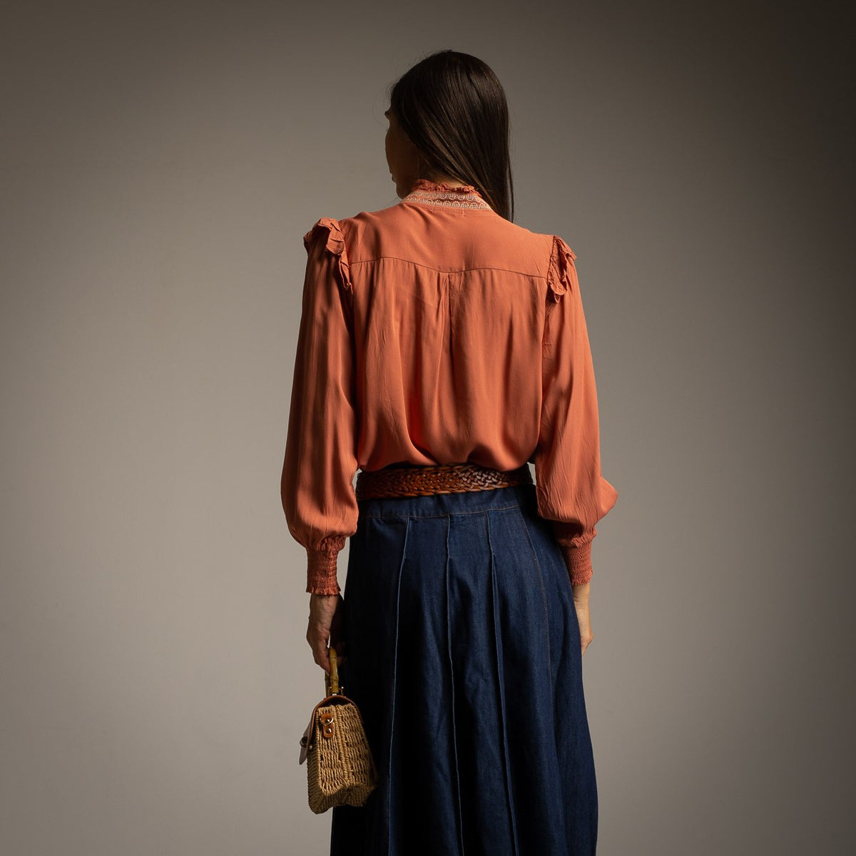 Terracotta Clay embroidered ruffle blouse with balloon sleeves - back view