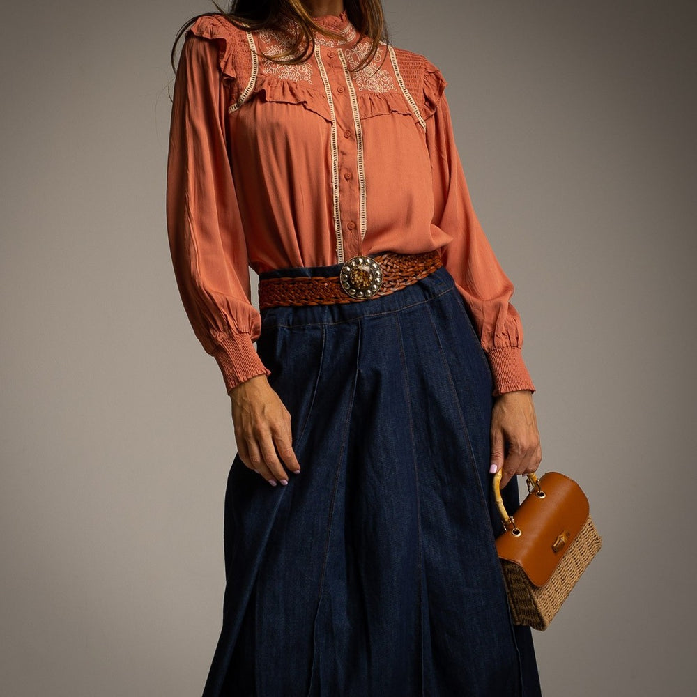 Terracotta Clay embroidered ruffle blouse with balloon sleeves - front view