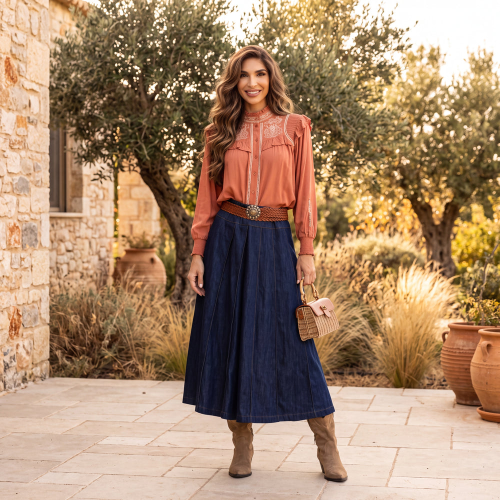 Terracotta Clay embroidered ruffle blouse with balloon sleeves by MARIΓIOU