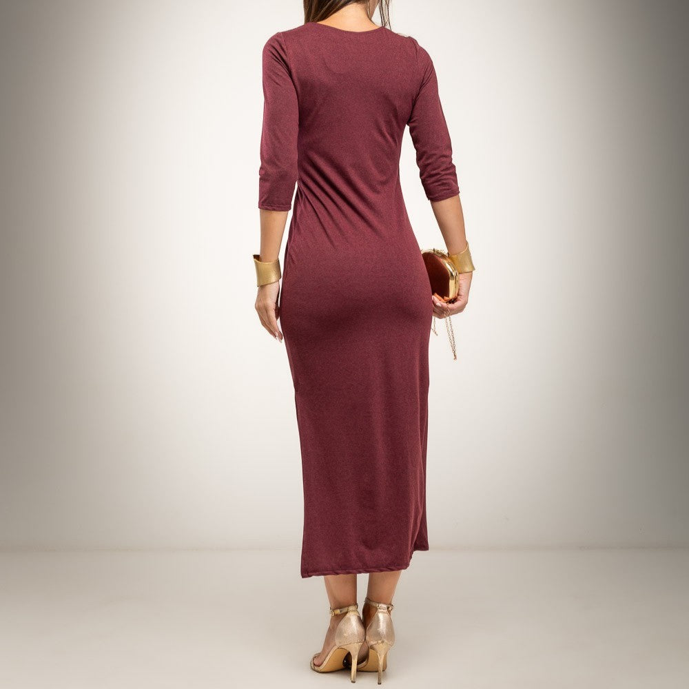 Deep Wine Red draped jersey midi dress with gold disc detail and three-quarter sleeves - back view