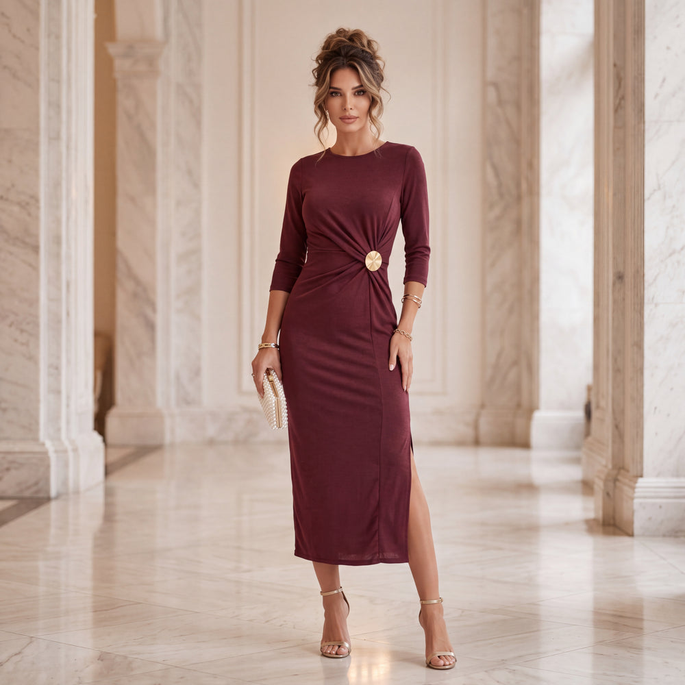 Deep Wine Red draped jersey midi dress with gold disc detail and three-quarter sleeves by MARIΓIOU