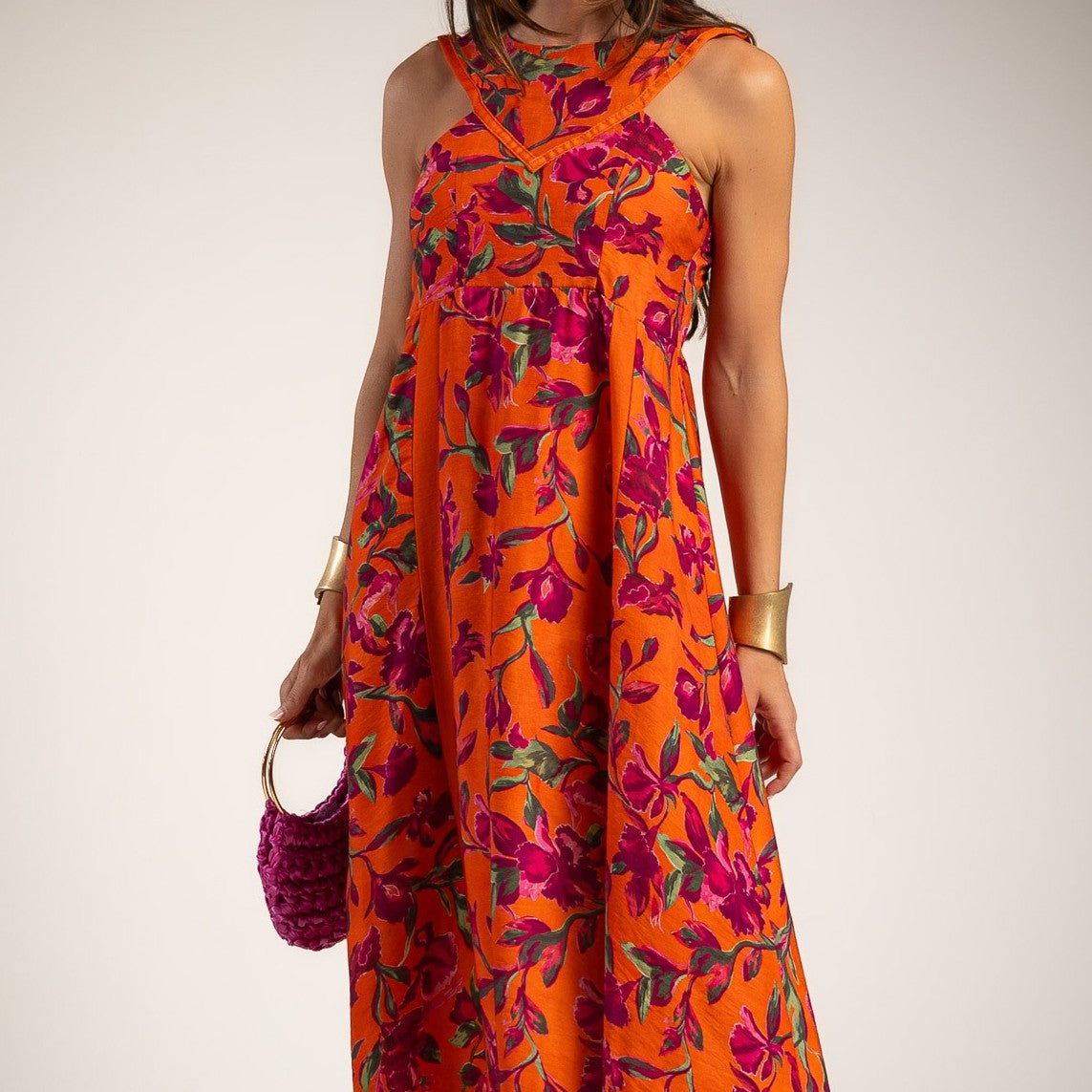 Made in Italy floral halter midi dress in Sunset Papaya with flowing silhouette