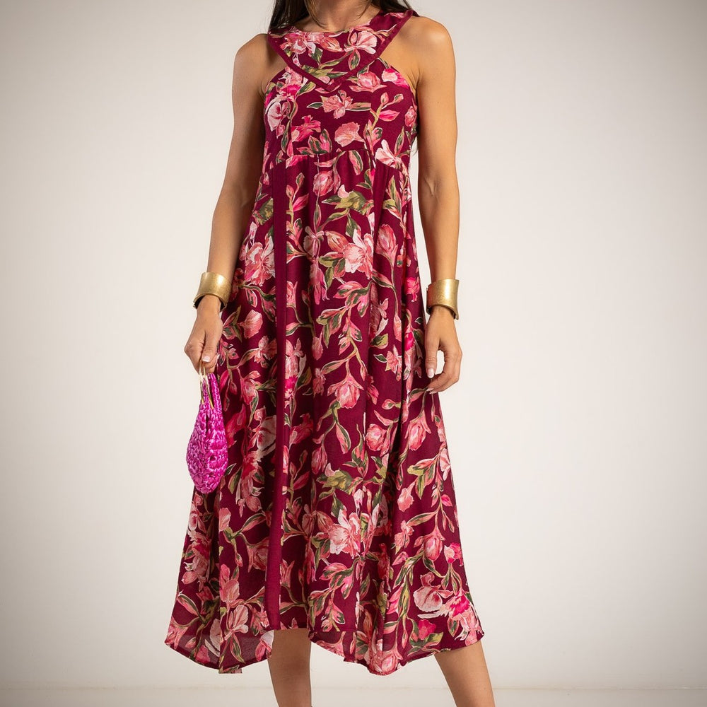 Made in Italy floral halter midi dress in Wild Berry Bloom with flowing silhouette