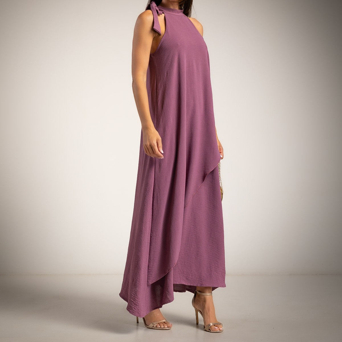 Made in Italy Lavender halter maxi dress with elegant draped front detail