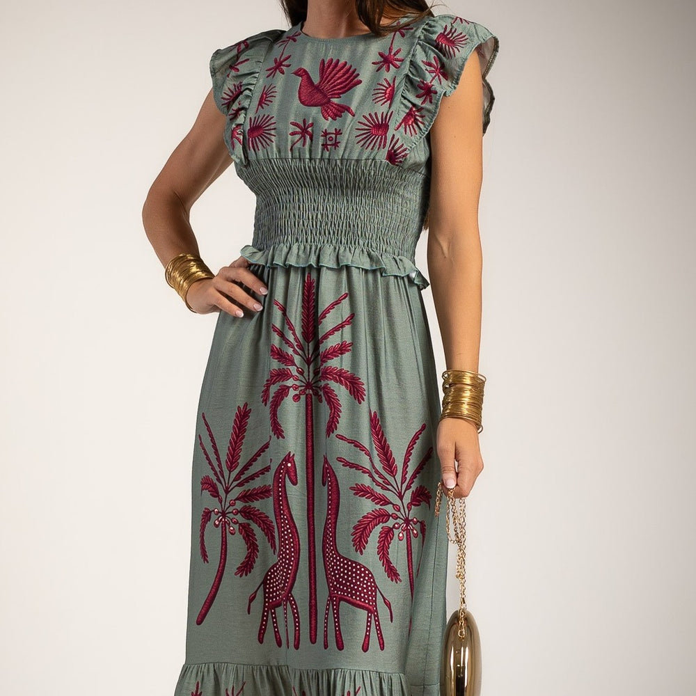 Made in Italy printed midi dress in Dusty Mint with tropical-inspired pattern and flutter sleeves