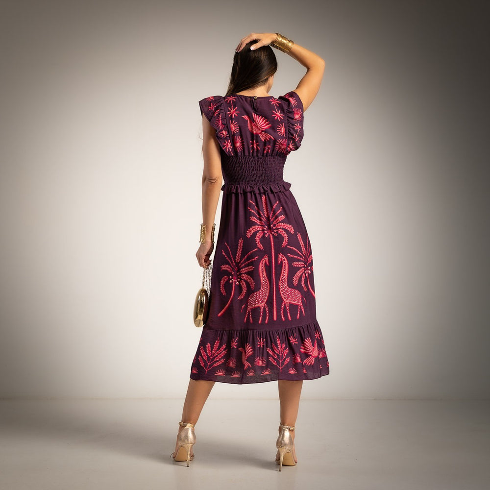 Back view of the Made in Italy printed midi dress in Plum