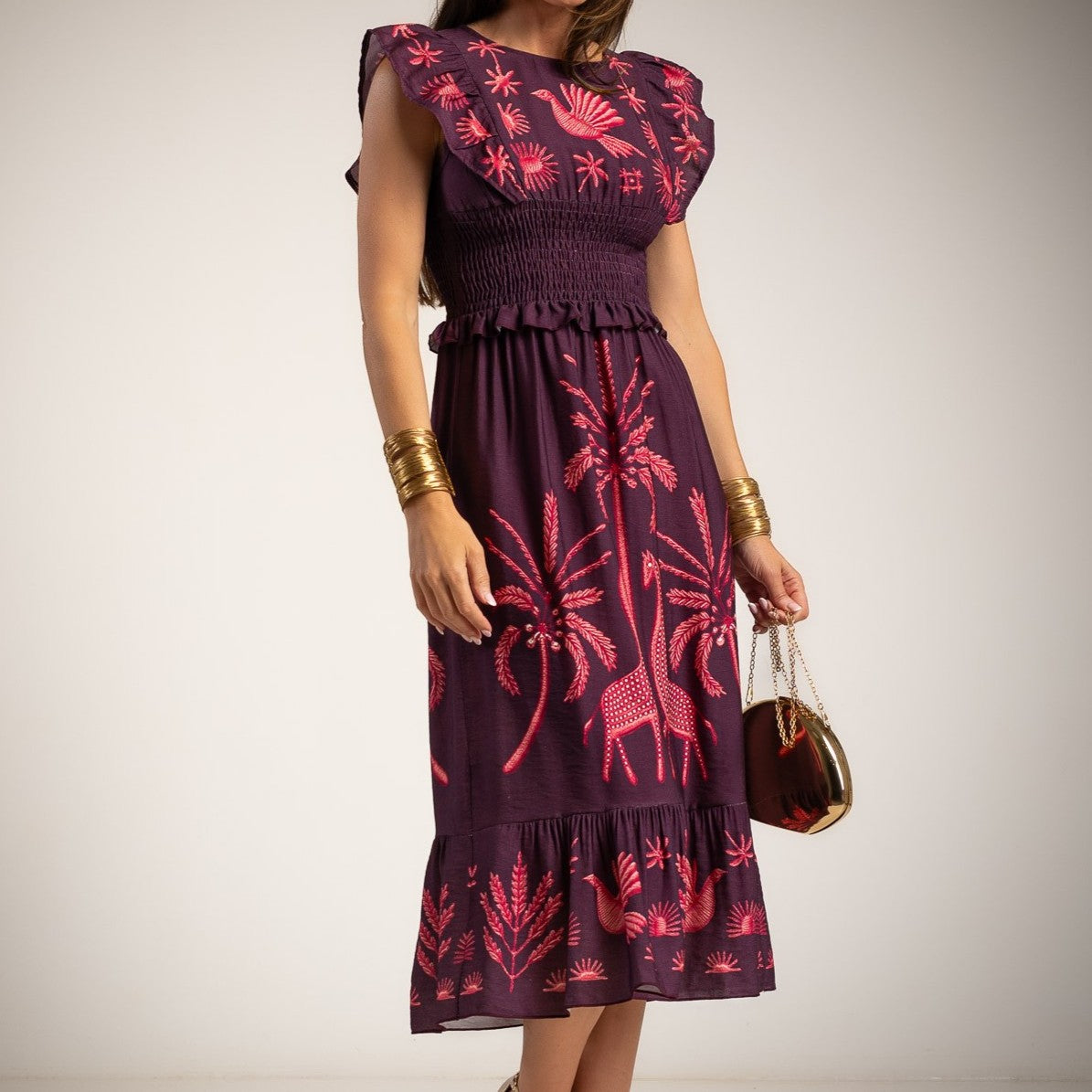 Made in Italy printed midi dress in Plum with tropical-inspired pattern and flutter sleeves