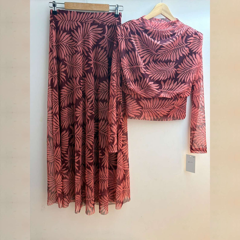 Coral Blush palm print tulle two-piece set with cropped long-sleeve top and flowing skirt - front view