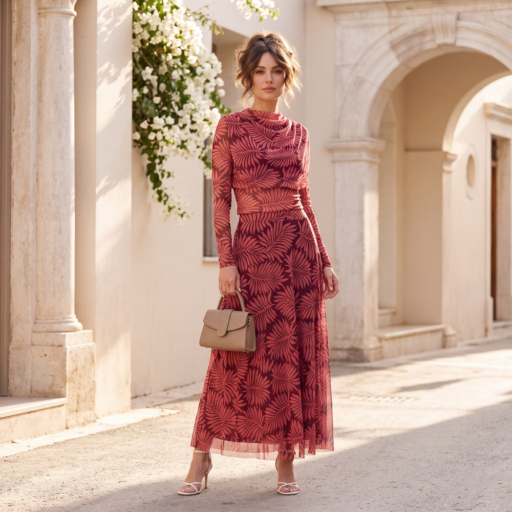 Coral Blush palm print tulle two-piece set with cropped long-sleeve top and flowing skirt by MARIΓIOU