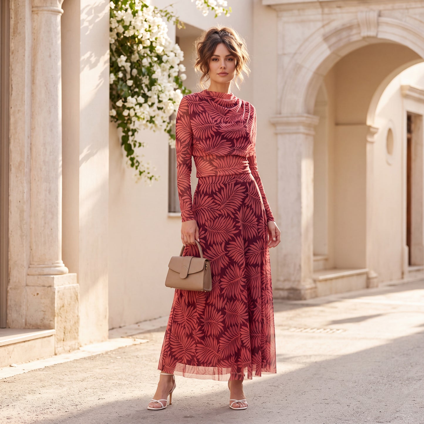 Coral Blush palm print tulle two-piece set with cropped long-sleeve top and flowing skirt by MARIΓIOU