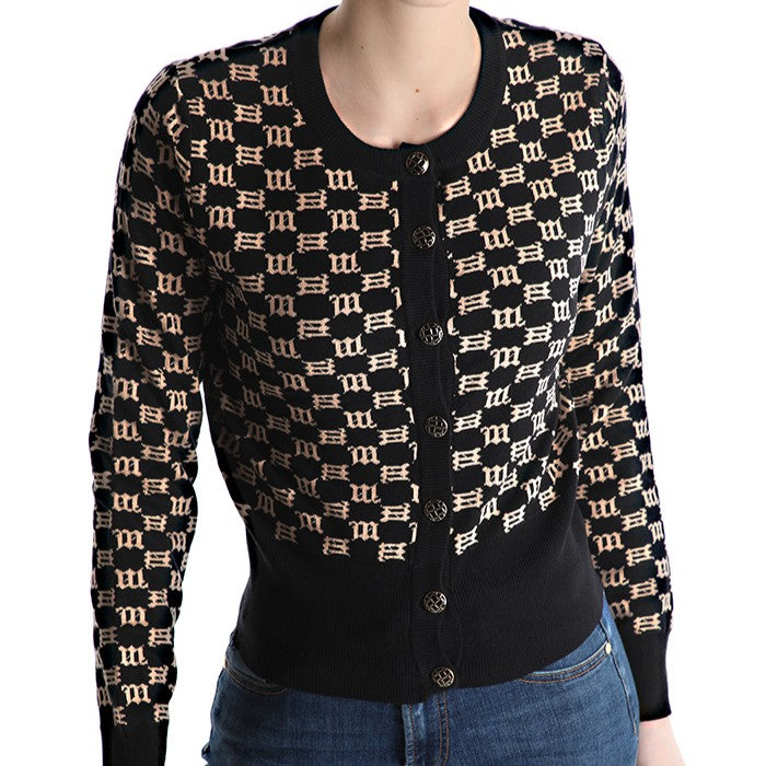 Black Beige monogram knit cardigan with round neckline and button front - front view