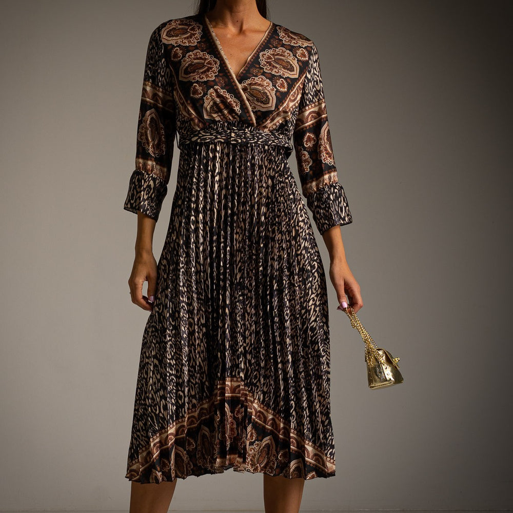 Black paisley print pleated midi dress with wrap neckline and balloon sleeves - front view