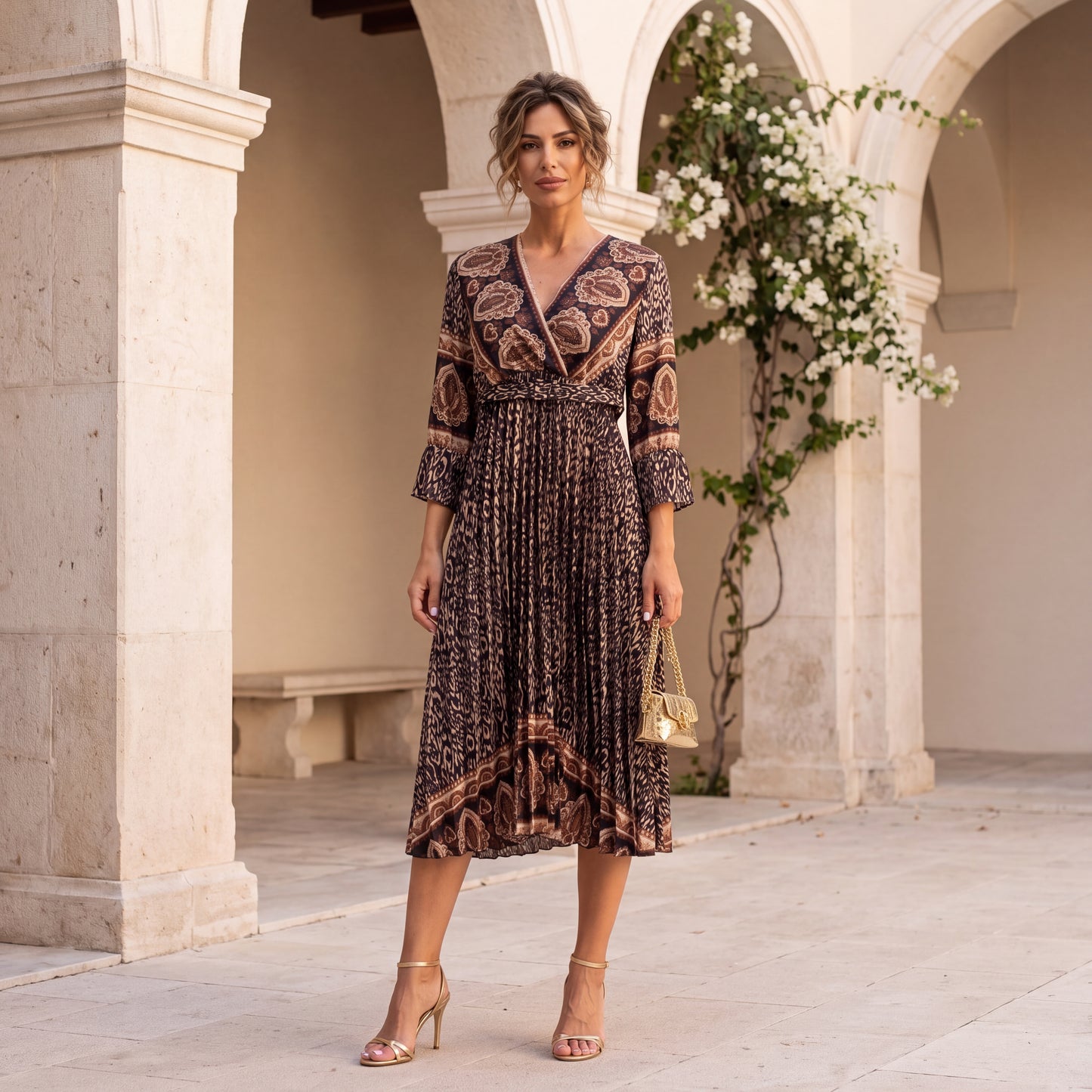 Black paisley print pleated midi dress with wrap neckline and balloon sleeves by MARIΓIOU