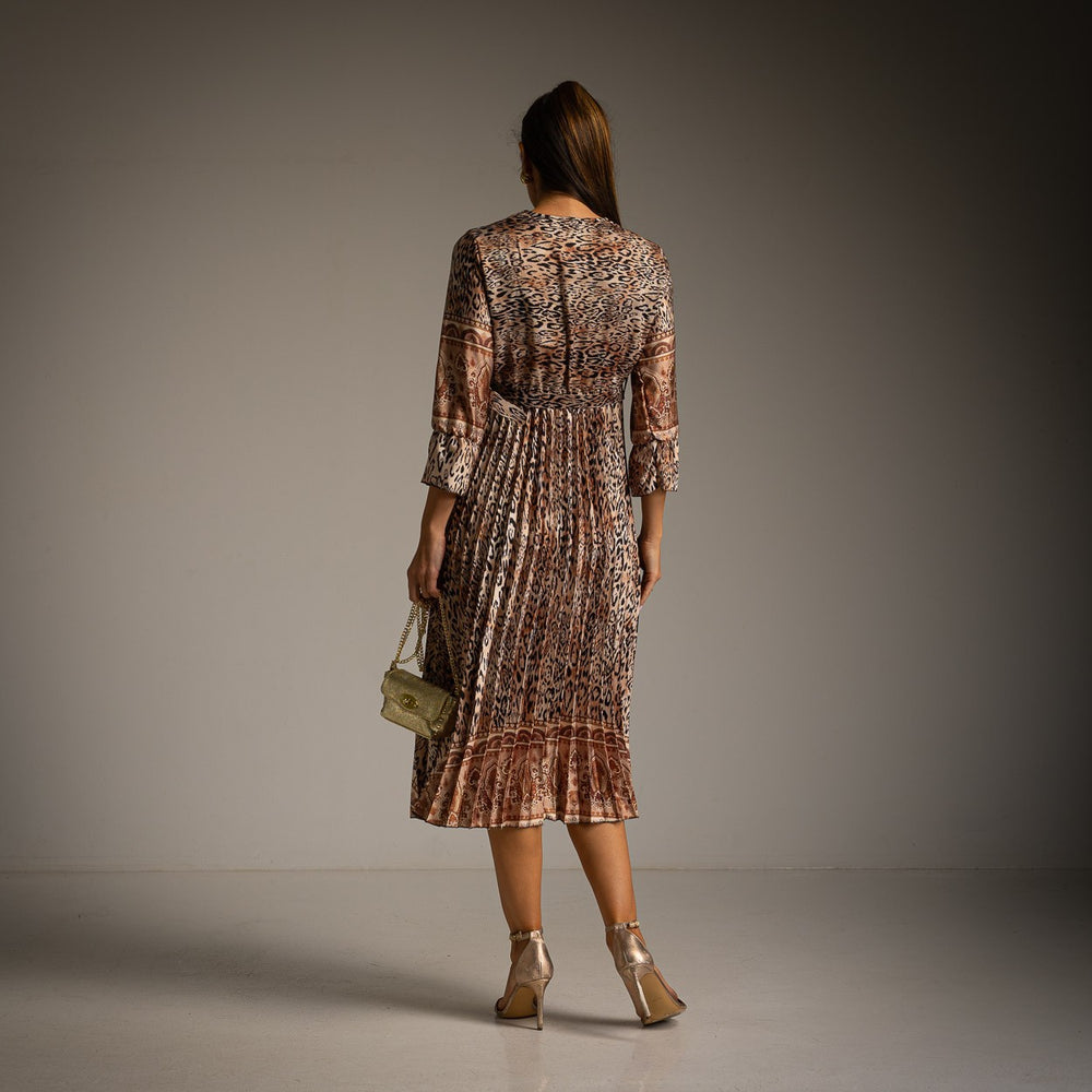 Latte Beige paisley print pleated midi dress with wrap neckline and balloon sleeves - back view