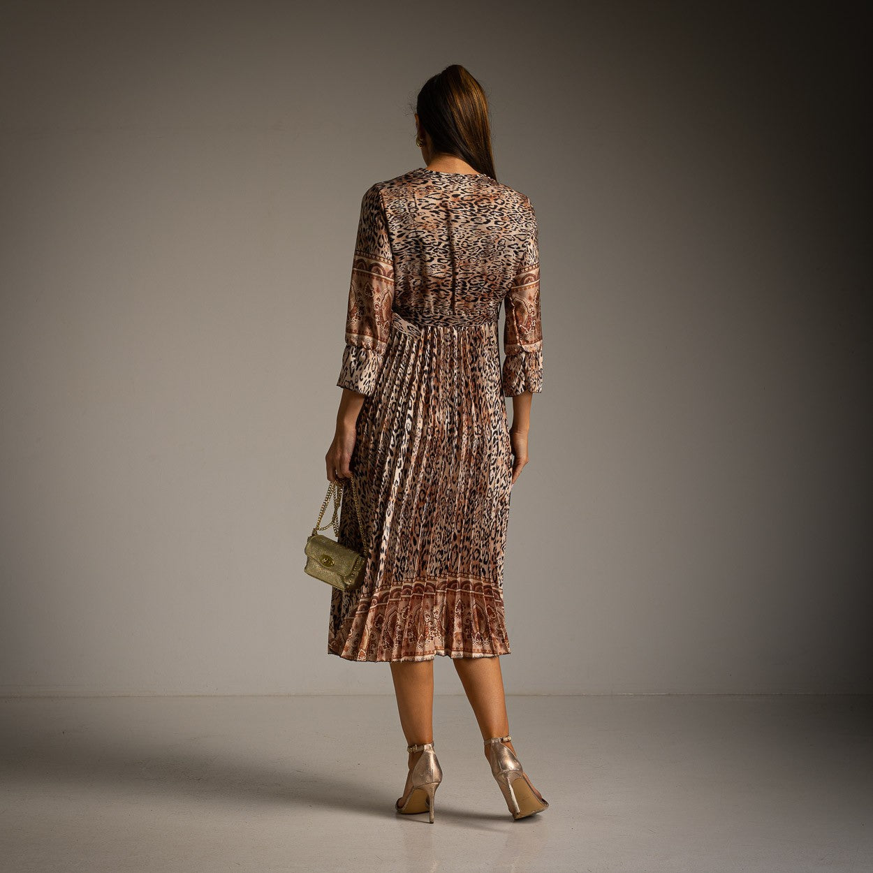 Latte Beige paisley print pleated midi dress with wrap neckline and balloon sleeves - back view
