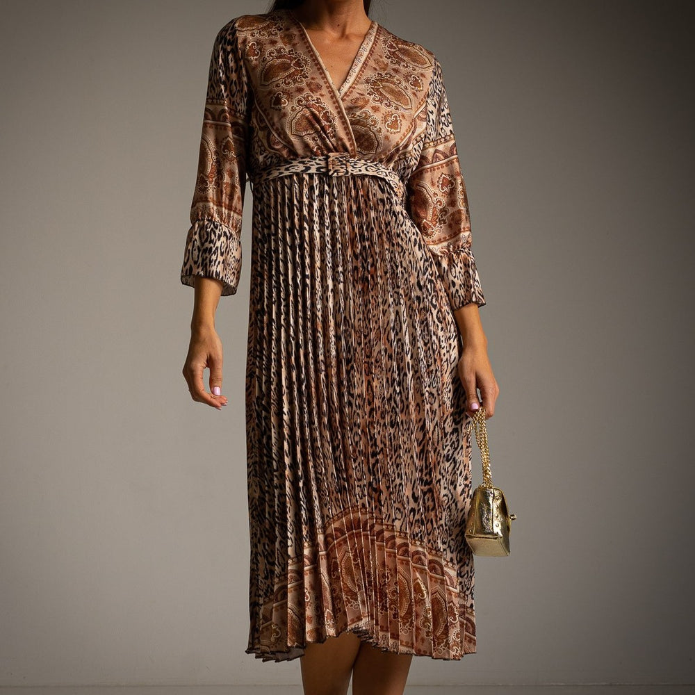 Latte Beige paisley print pleated midi dress with wrap neckline and balloon sleeves - front view