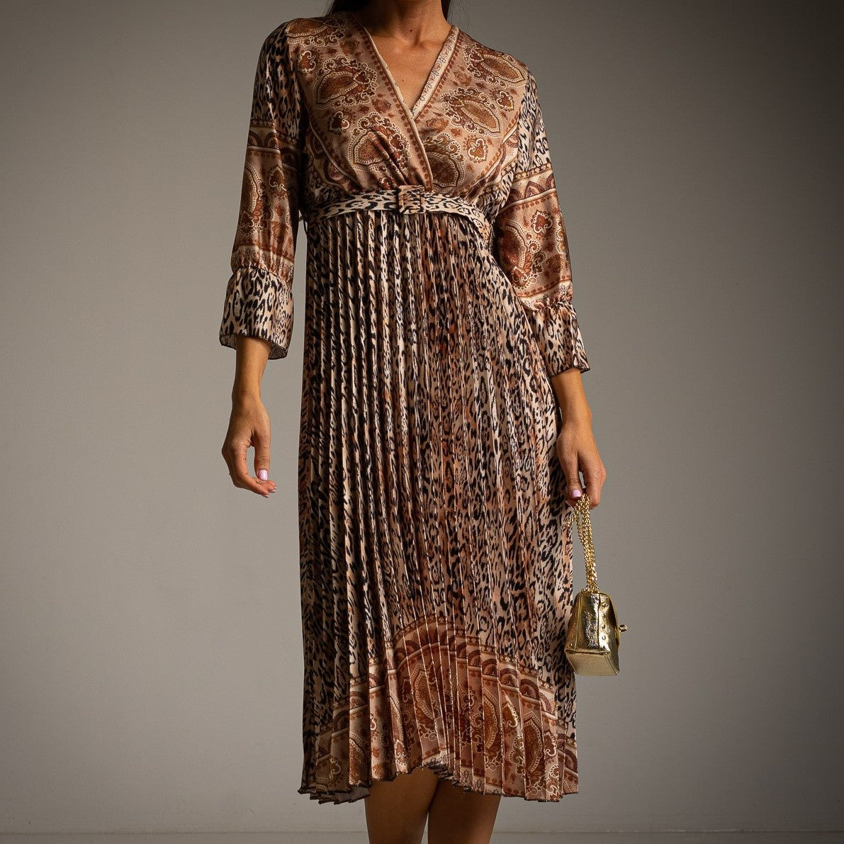 Latte Beige paisley print pleated midi dress with wrap neckline and balloon sleeves - front view