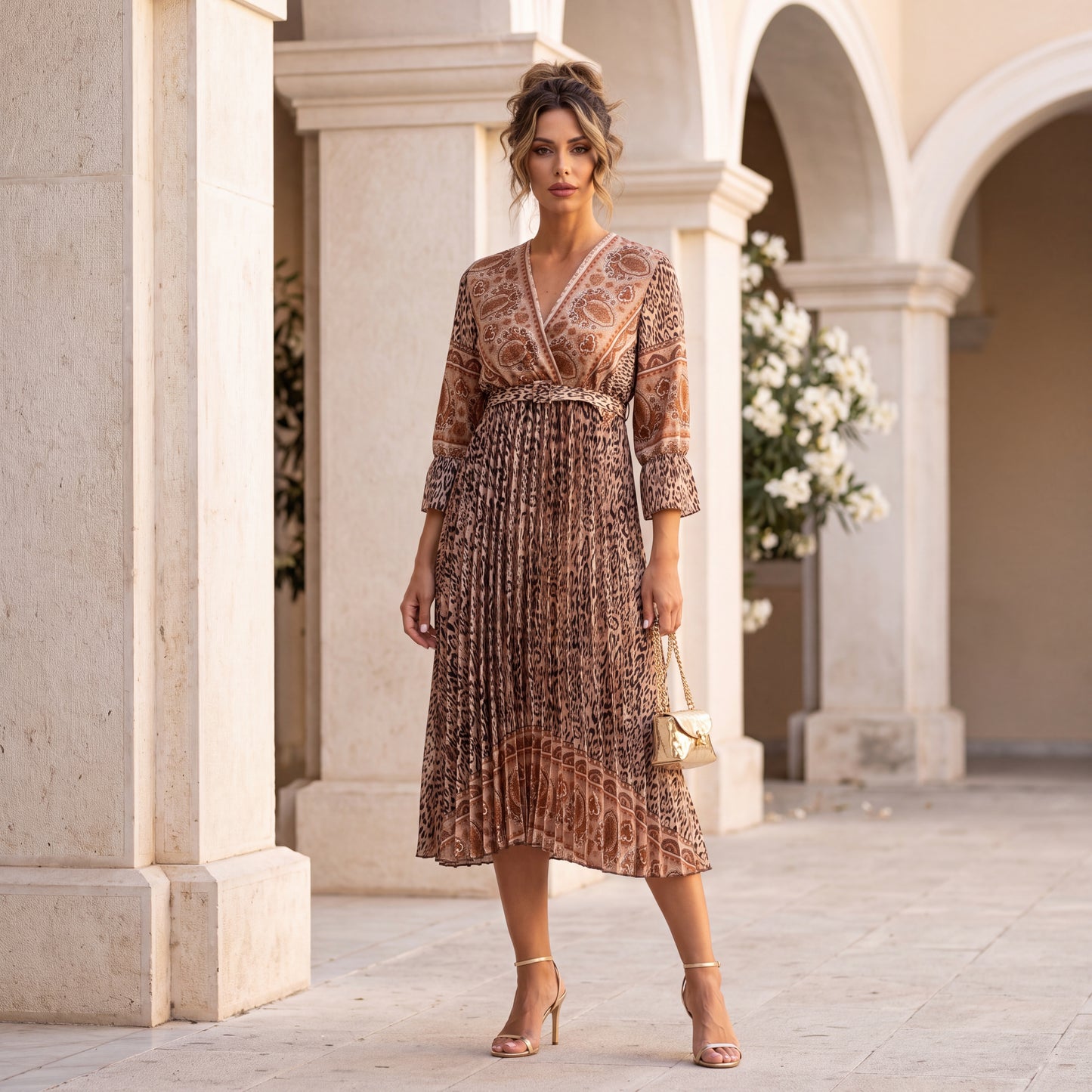 Latte Beige paisley print pleated midi dress with wrap neckline and balloon sleeves by MARIΓIOU