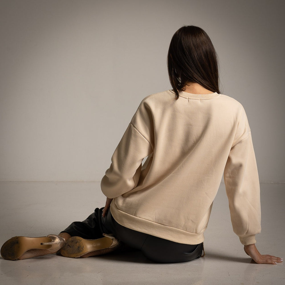 Latte Beige sweatshirt with three-dimensional jewel flower appliqués and ribbons - back view