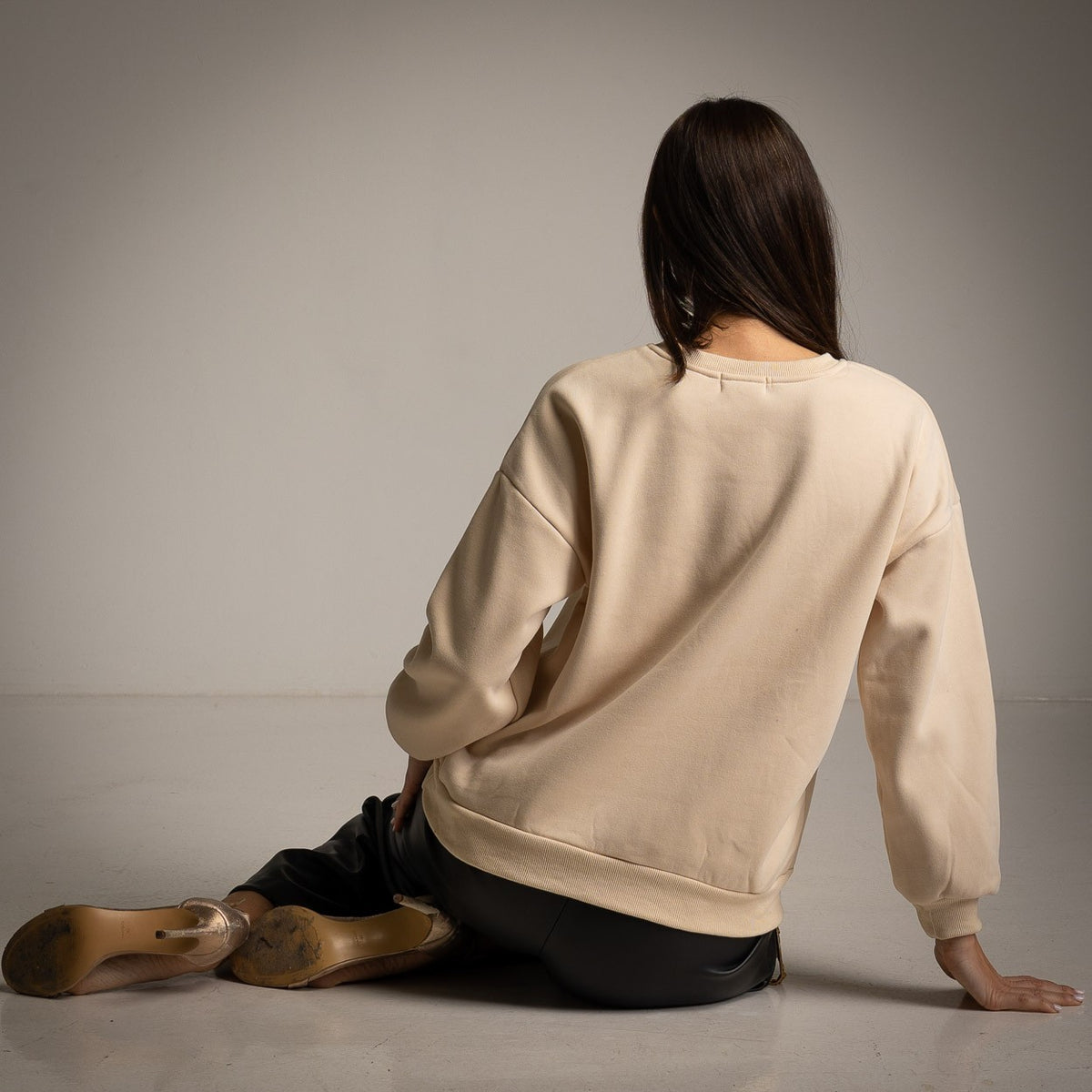 Latte Beige sweatshirt with three-dimensional jewel flower appliqués and ribbons - back view