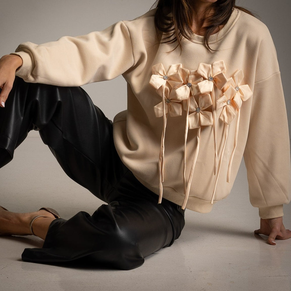 Latte Beige sweatshirt with three-dimensional jewel flower appliqués and ribbons - front view