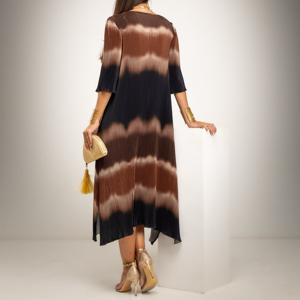 Cocoa Brown ombre micro-pleated midi dress with three-quarter sleeves - back view